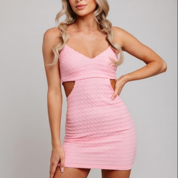 NanaMacs Dresses & Skirts - Bubble Knit Textured Cut-Out Bodycon Mini Dress Pink Medium Barbiecore Coquette